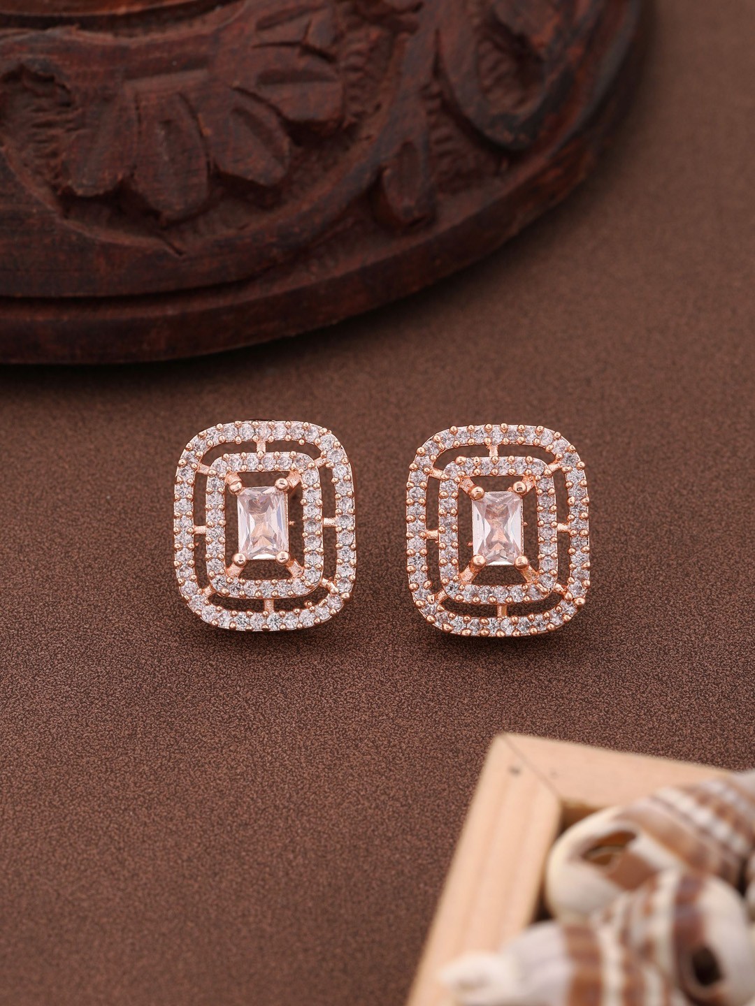 

Vita Bella Rose Gold-Plated Square Shaped American Diamond Studded Studs Earrings