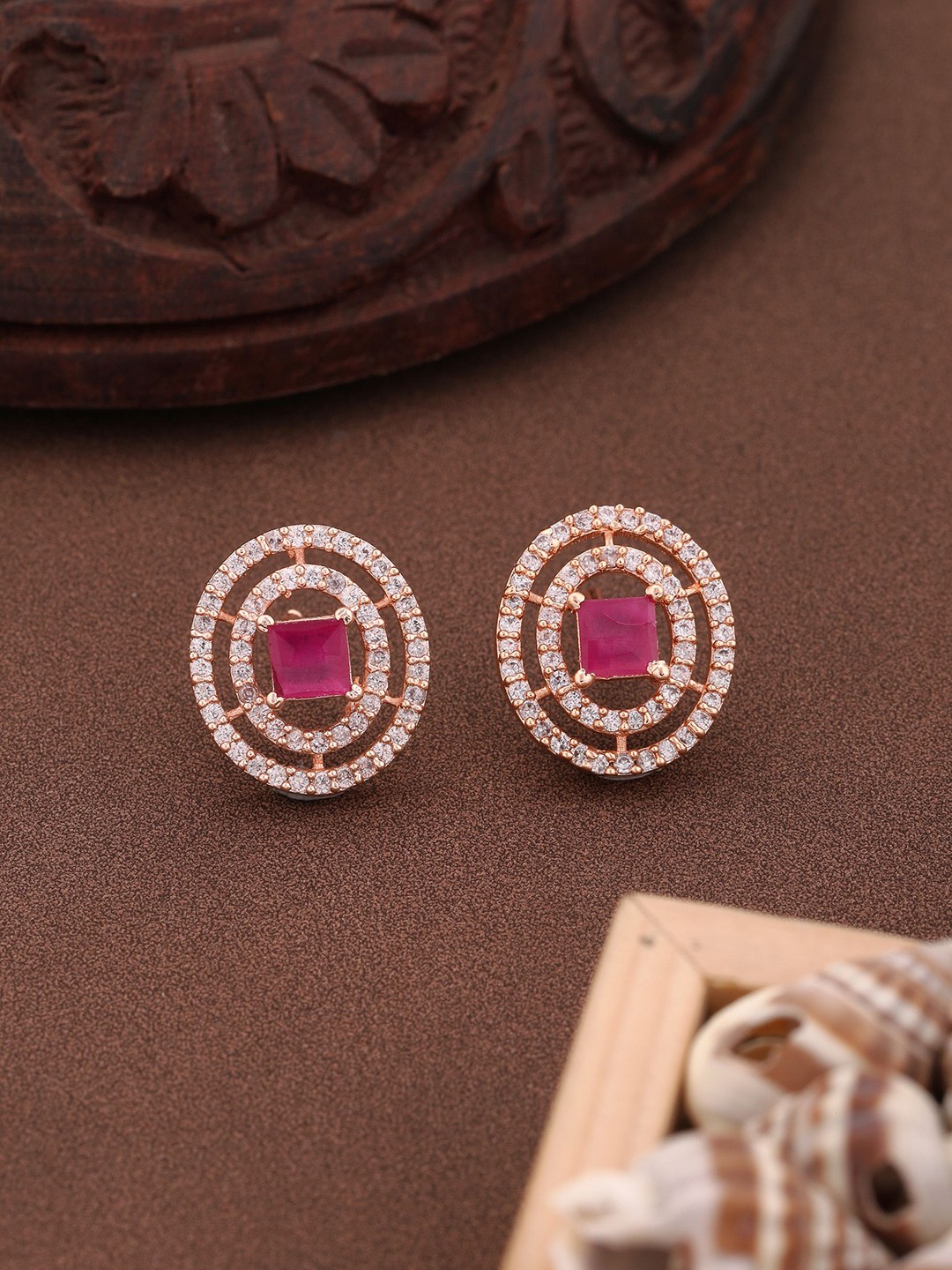 

Vita Bella Rose Gold-Plated American Diamond Studded Contemporary Studs Earrings