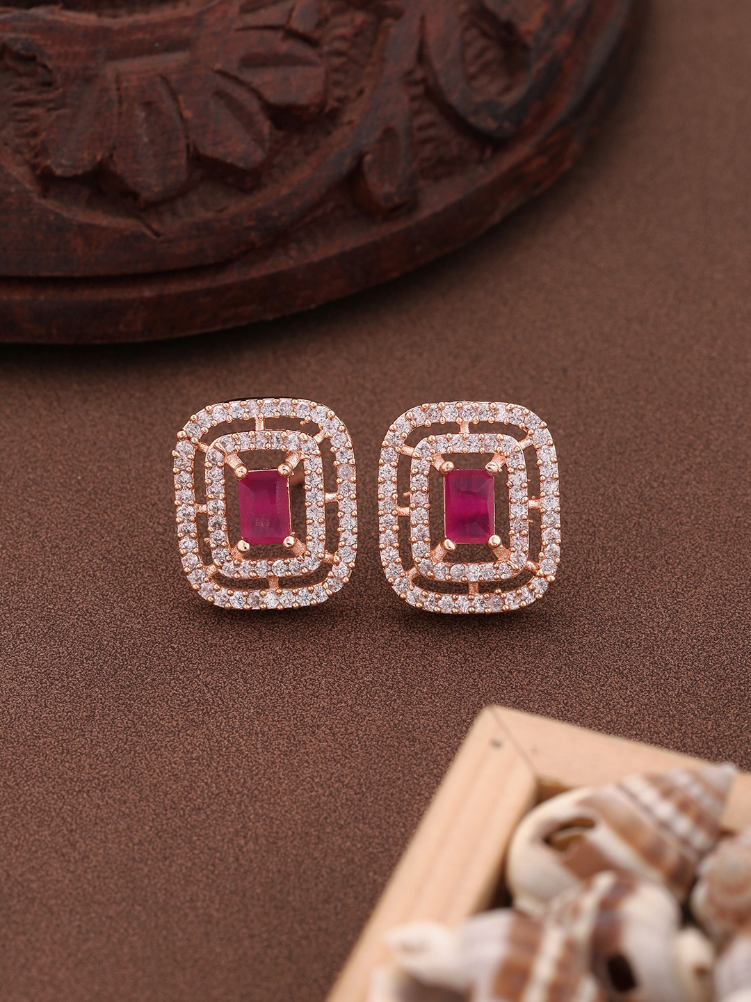 

Vita Bella Rose Gold-Plated Square Shaped American Diamond Studded Studs Earrings, Pink