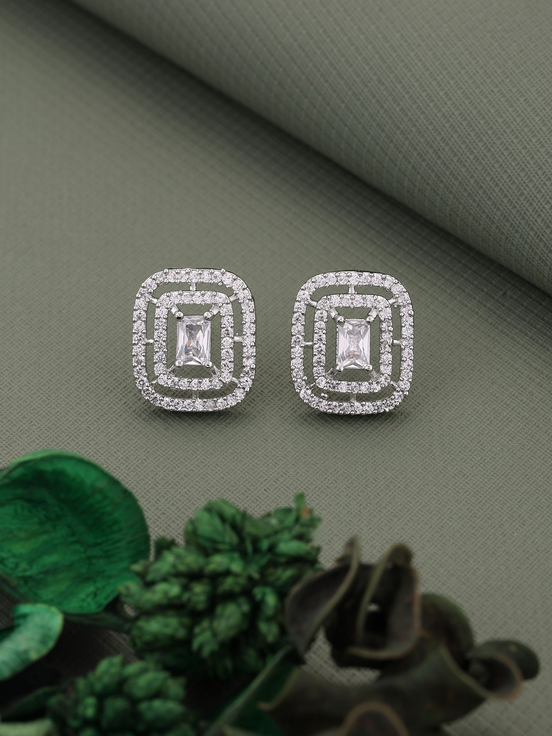 

Vita Bella Silver Plated Square Shaped American Diamond Studded Studs Earrings