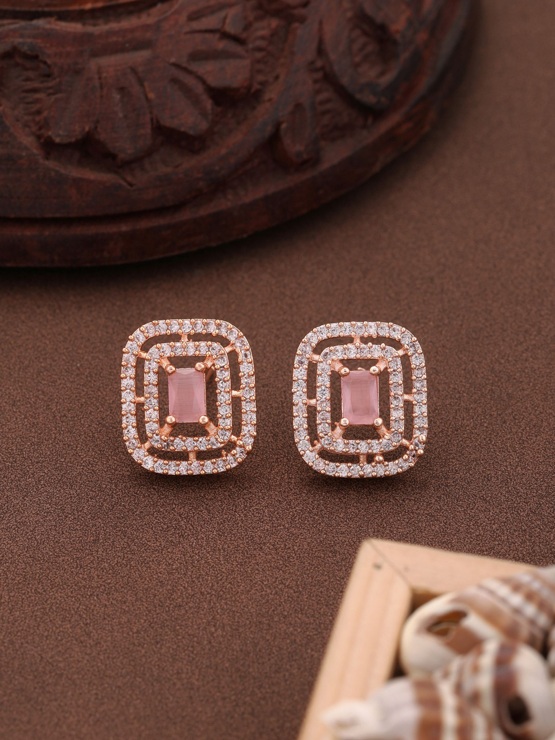 

Vita Bella Rose Gold-Plated American Diamond Studded Studs Earrings