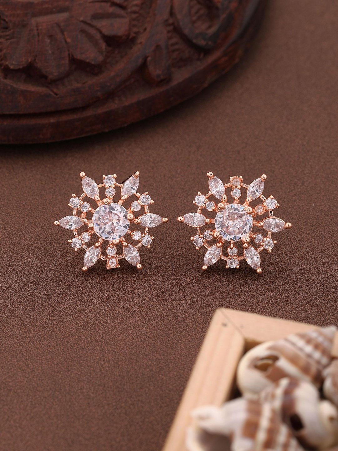 

Vita Bella Rose Gold-Plated American Diamond Studded Contemporary Studs Earrings
