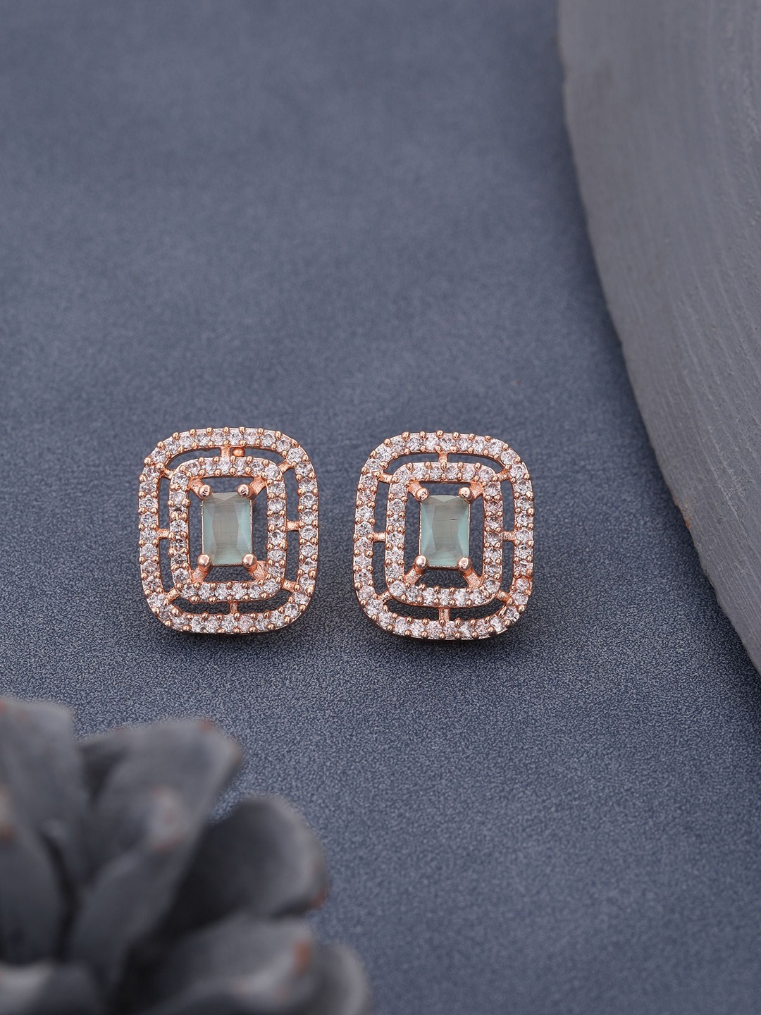 

Vita Bella Rose Gold-Plated Square Shaped American Diamond Studded Studs Earrings