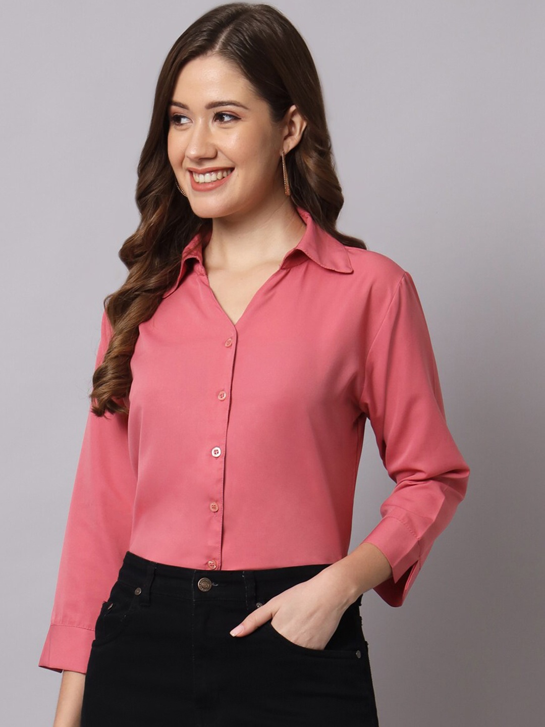 

Funday Fashion Spread Collar Three-Quarter Sleeves Casual Shirt, Pink