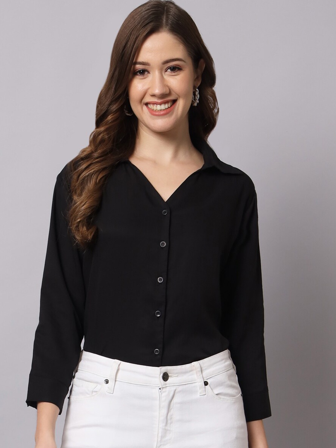

Funday Fashion Spread Collar Three-Quarter Sleeves Casual Shirt, Black