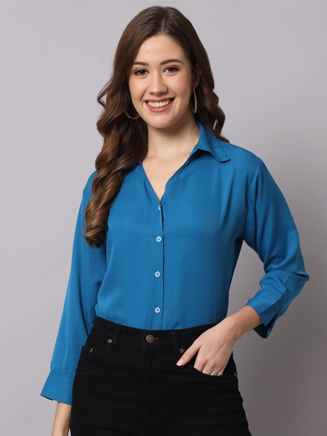 

Funday Fashion Spread Collar Three-Quarter Sleeves Casual Shirt, Blue