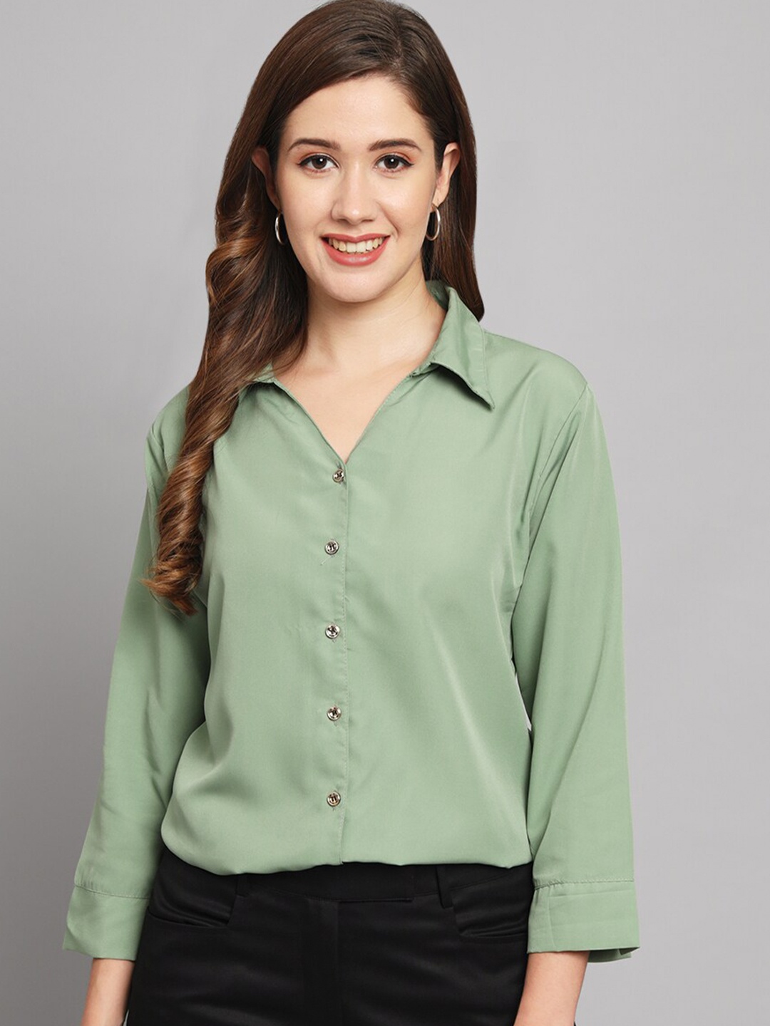 

Funday Fashion Spread Collar Three-Quarter Sleeves Casual Shirt, Green