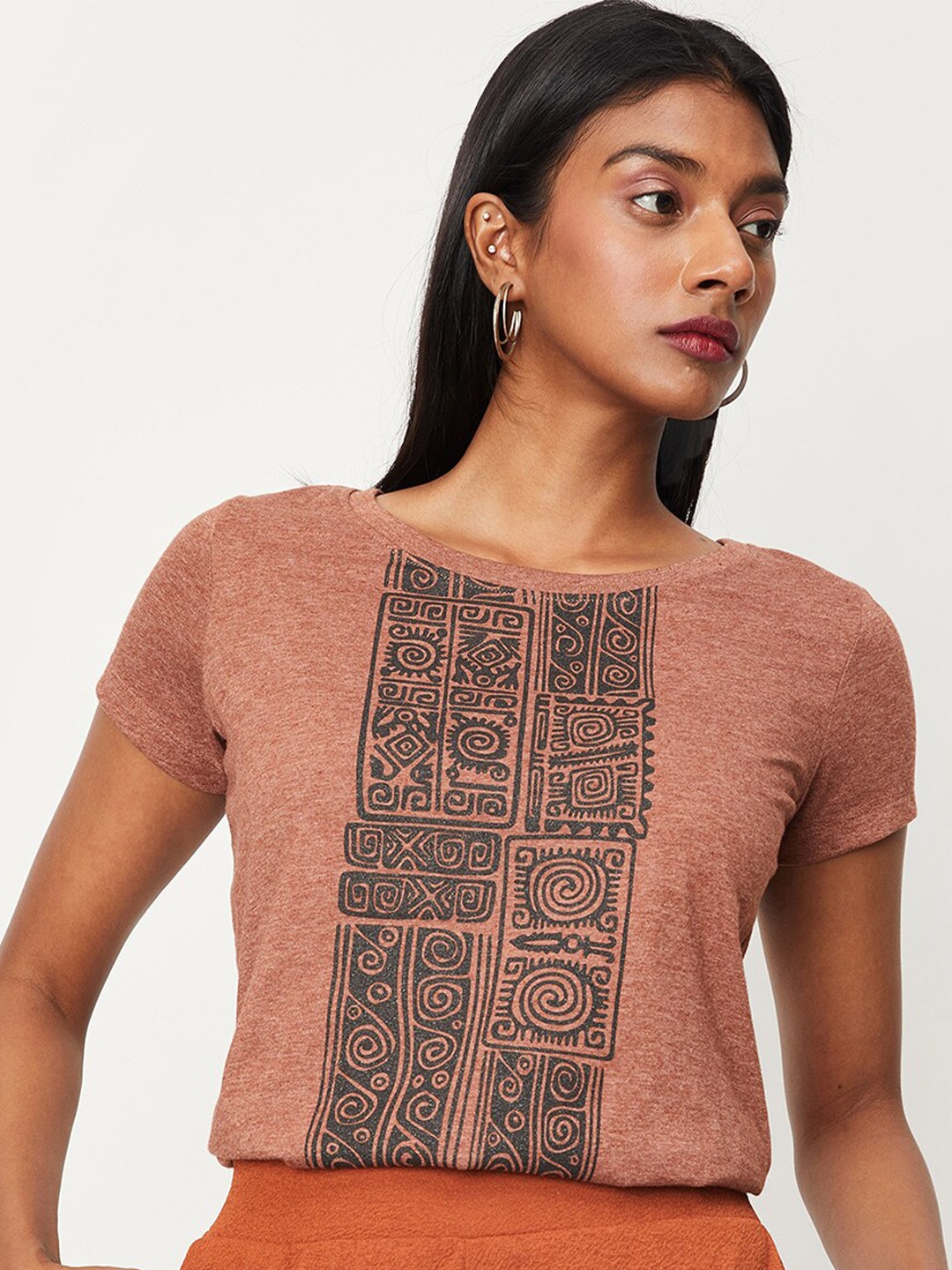 max Tribal Printed Pure Cotton T-shirt, Rust