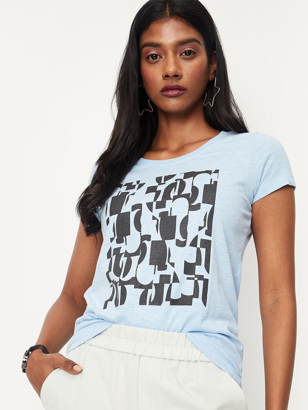 

max Abstract Printed Pure Cotton T-shirt, Blue