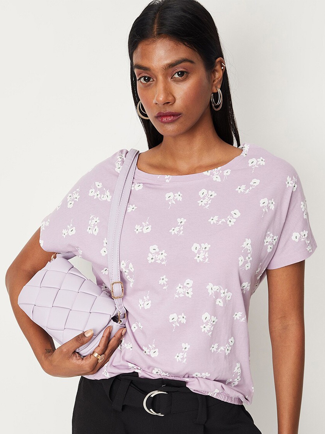 

max Floral Printed Extended Sleeves Pure Cotton T-shirt, Purple