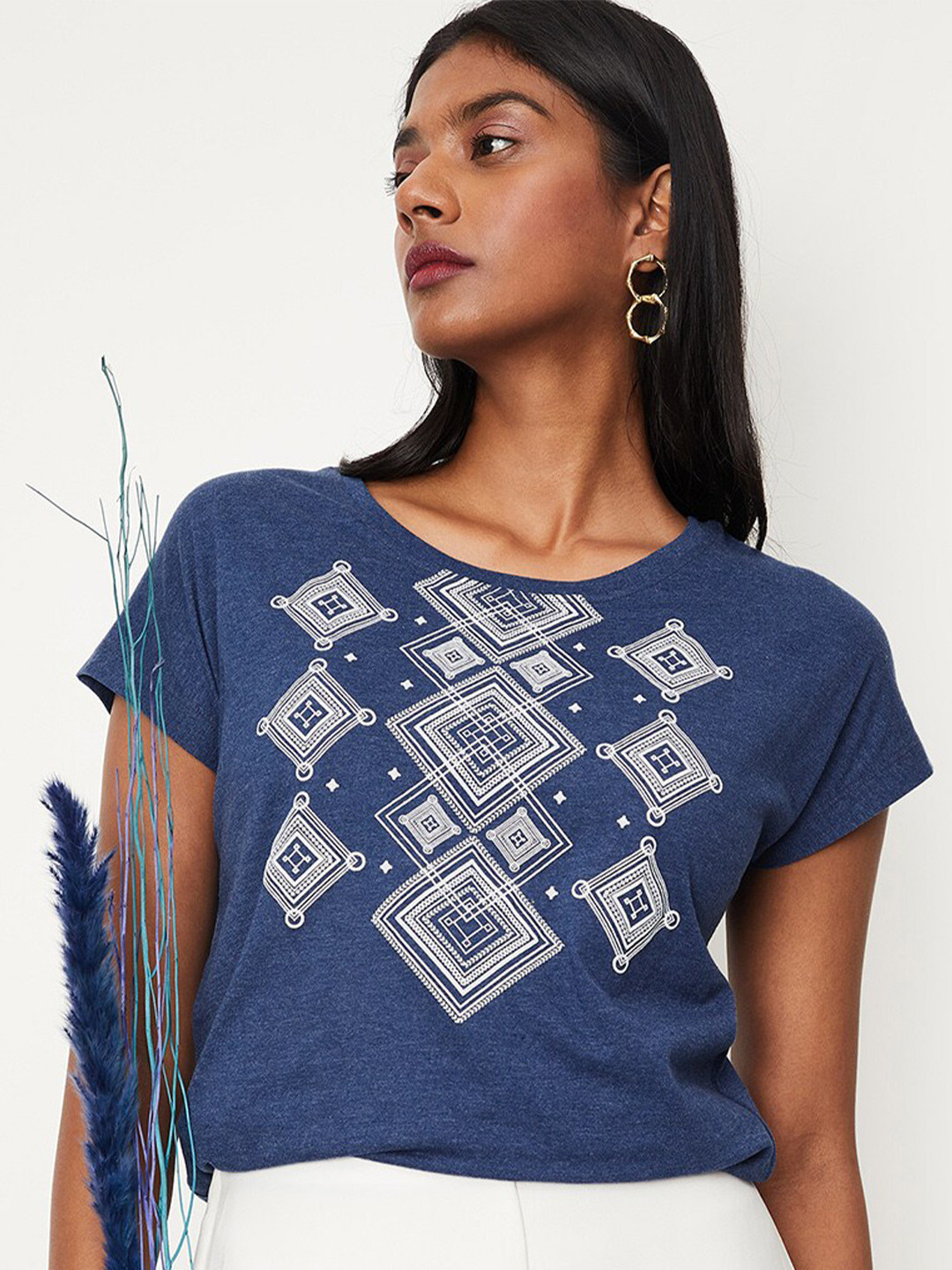 

max Geometric Printed Pure Cotton T-shirt, Blue