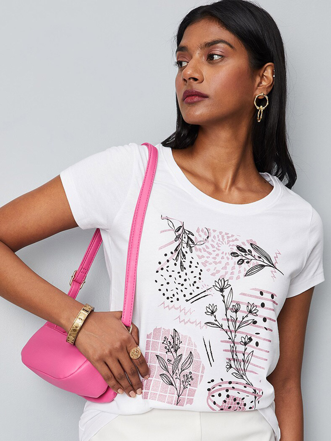 

max Floral Printed Drop-Shoulder Sleeves Pure Cotton T-shirt, White