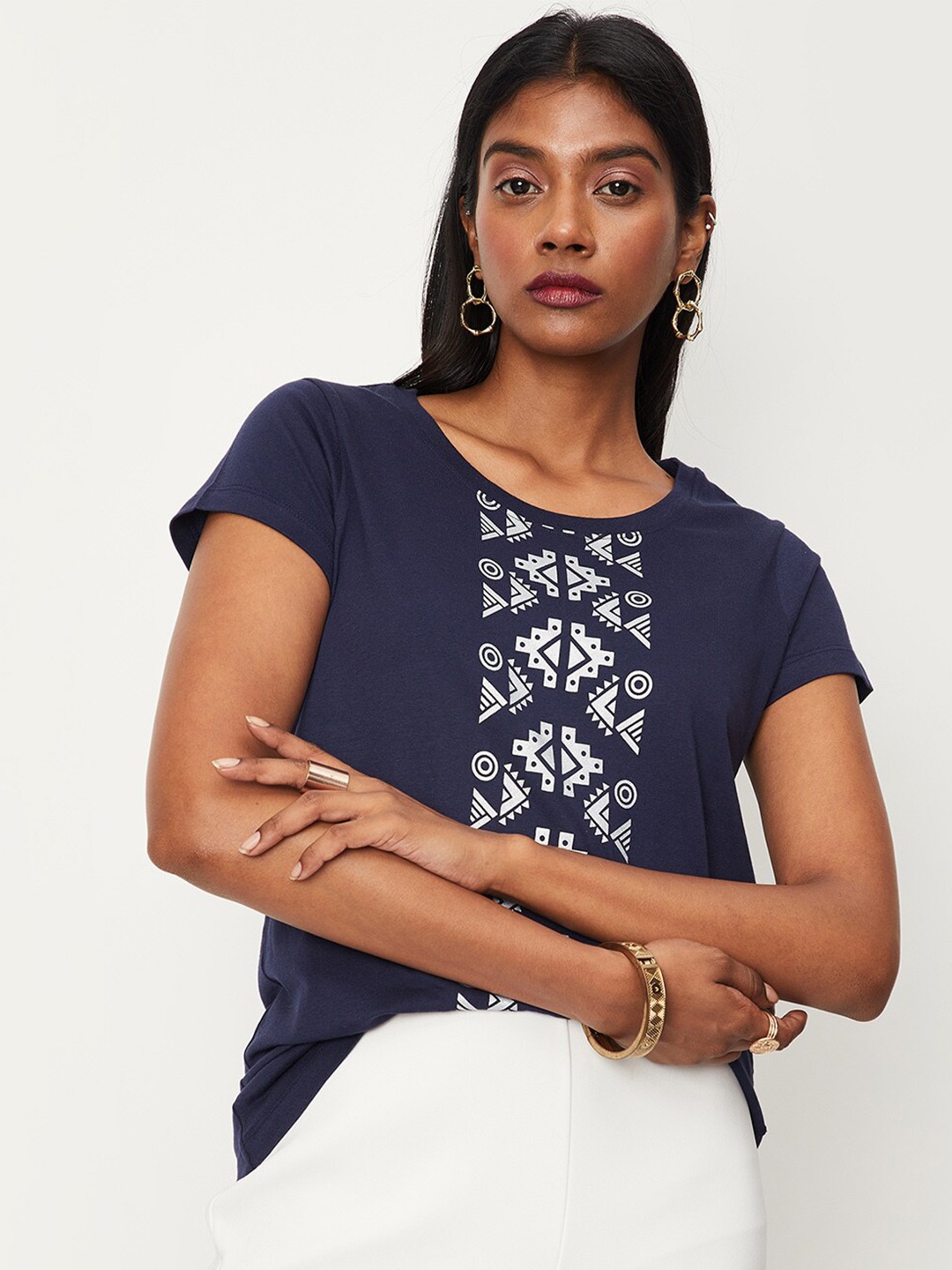 

max Aztec Printed Pure Cotton T-shirt, Navy blue