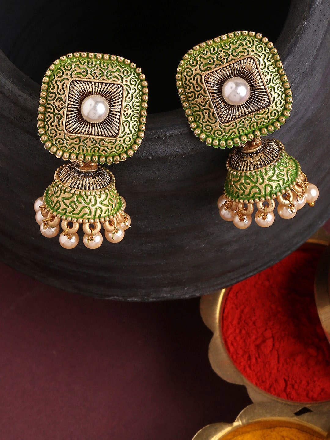 

Mallepula Gold-Plated Beaded Meenakari Jhumkas Earrings