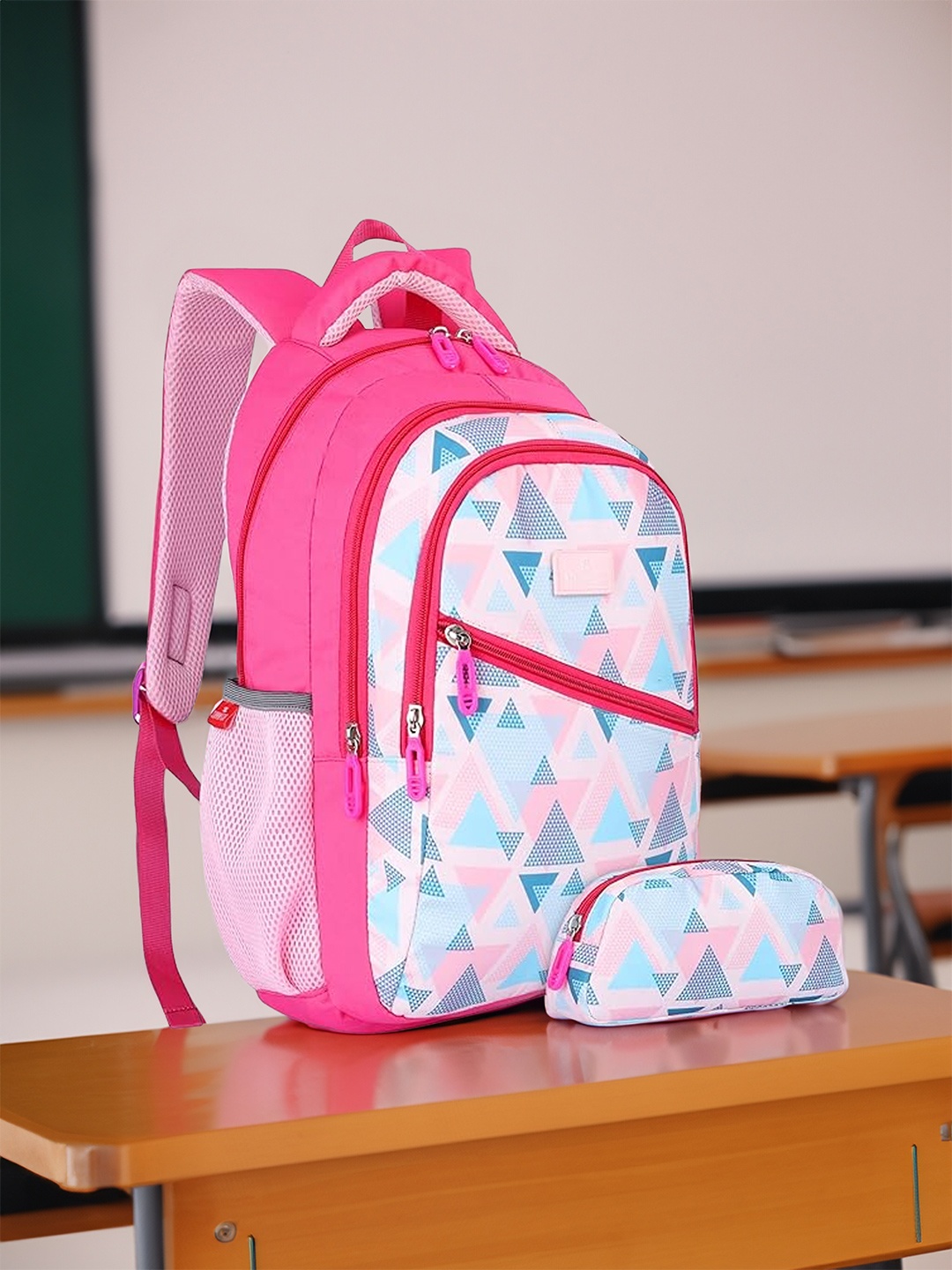 

THE CLOWNFISH Kids Geometric Printed Backpack with Zip Pouch, Turquoise blue