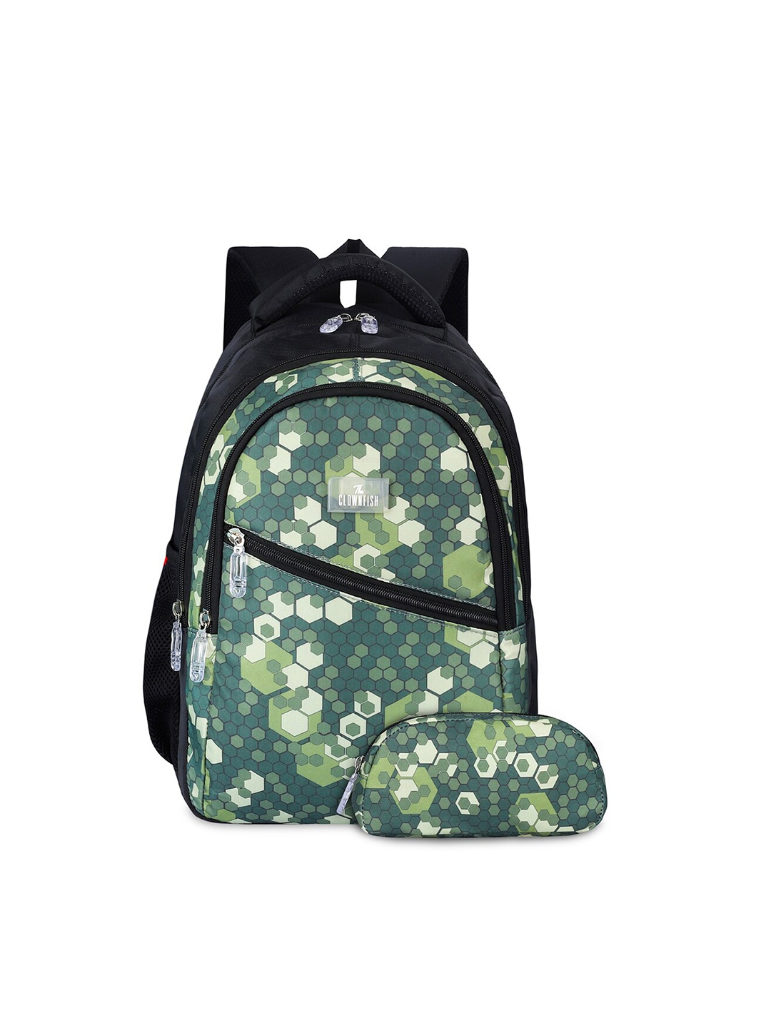 

THE CLOWNFISH Brainbox Kids Geometric Printed Backpack with Zip Pouch, Green