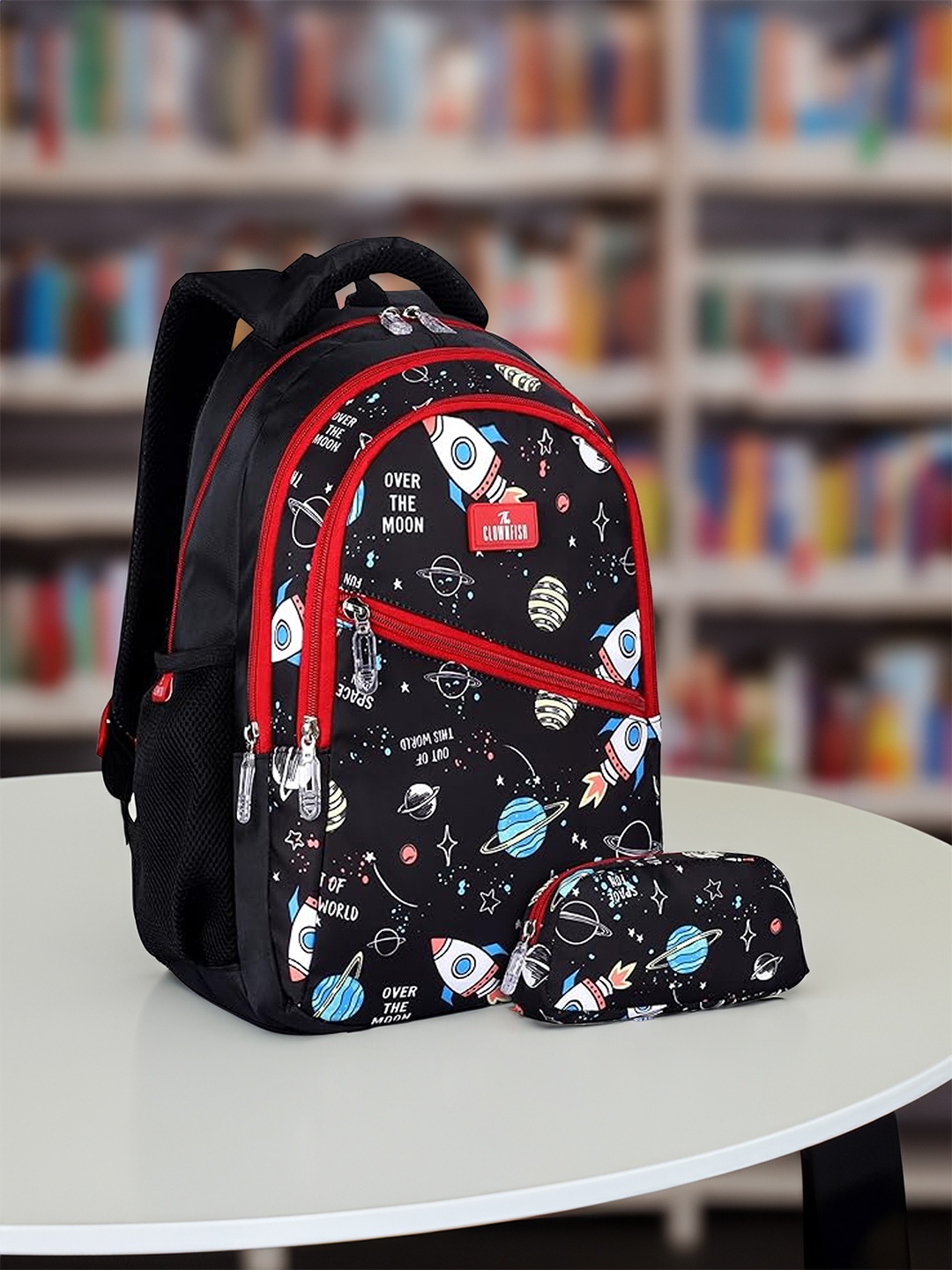 

THE CLOWNFISH Brainbox Kids Printed Medium Backpack with Zip Pouch, Black