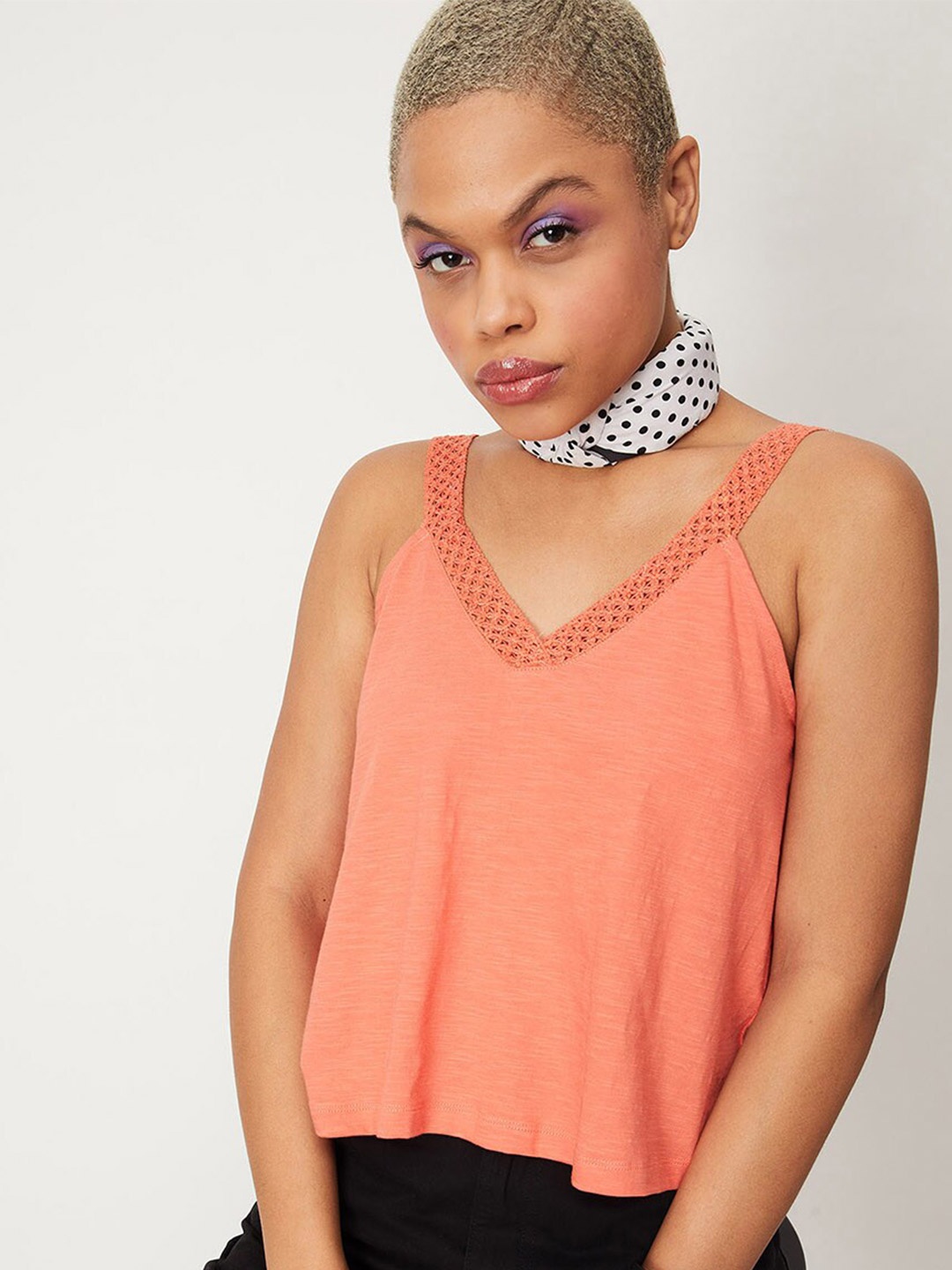 

max Shoulder Straps Lace Up Pure Cotton Top, Orange