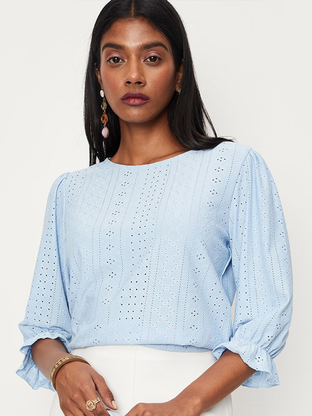 

max Self Design Bell Sleeves Top, Blue