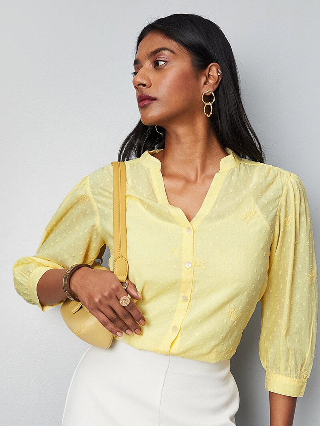 

max Self Design Mandarin Collar Cotton Shirt Style Top, Yellow