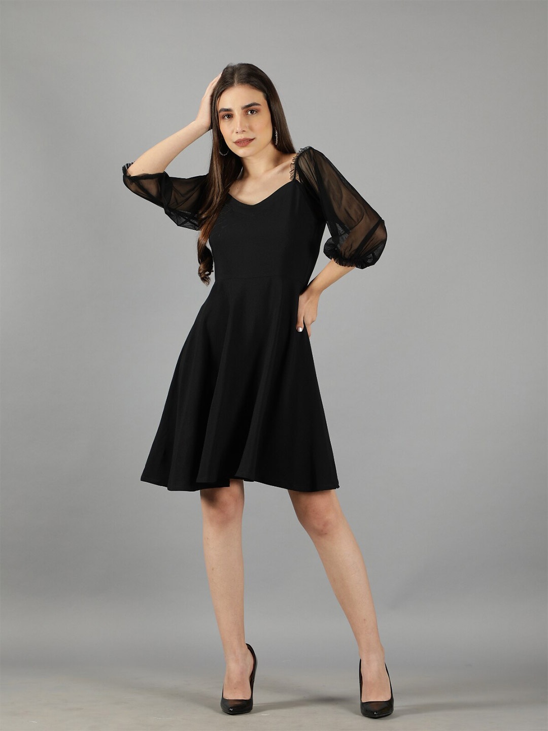 

Svelte Couture Puff Sleeve Fit & Flare Dress, Black