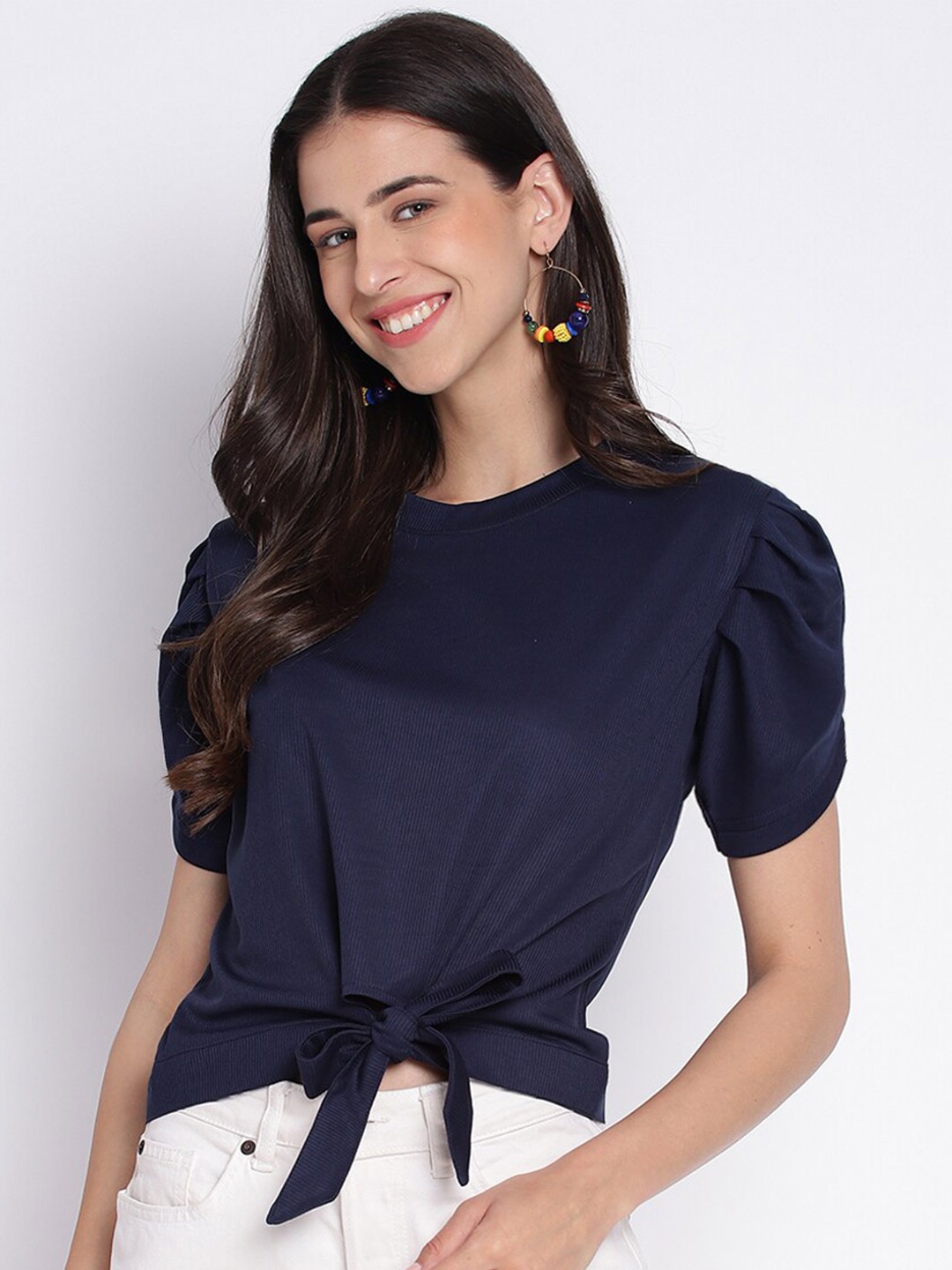 

Duchess Puff Sleeves Waist Tie-Up Crop Top, Blue