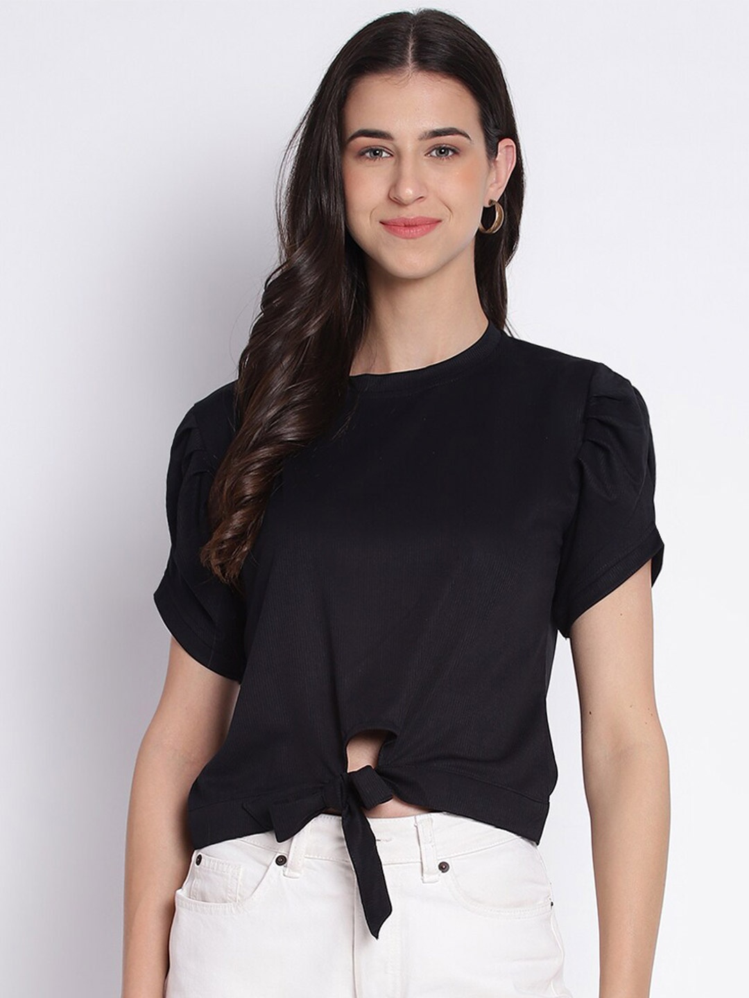 

Duchess Puff Sleeves Waist Tie-Up Regular Top, Black