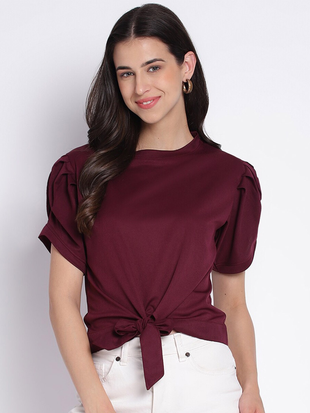 

Duchess Round Neck Waist Tie-Up Top, Maroon