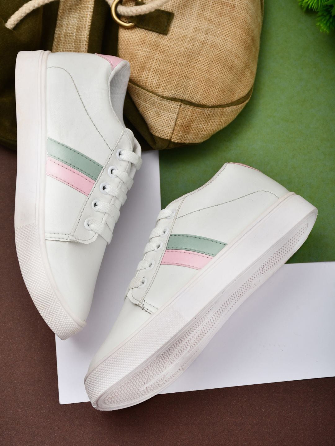 

JEEVI Women White Striped Lightweight Sneakers