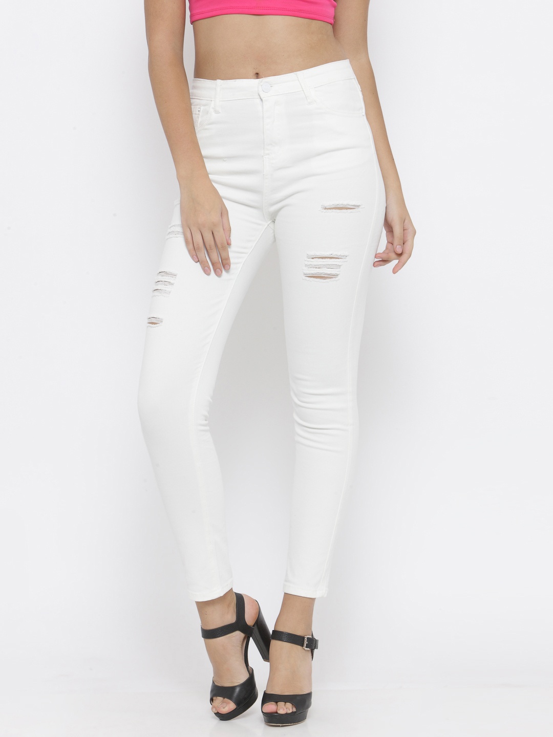 

Berrylush Women White Skinny Fit Mid-Rise Mildly Distressed Stretchable Jeans