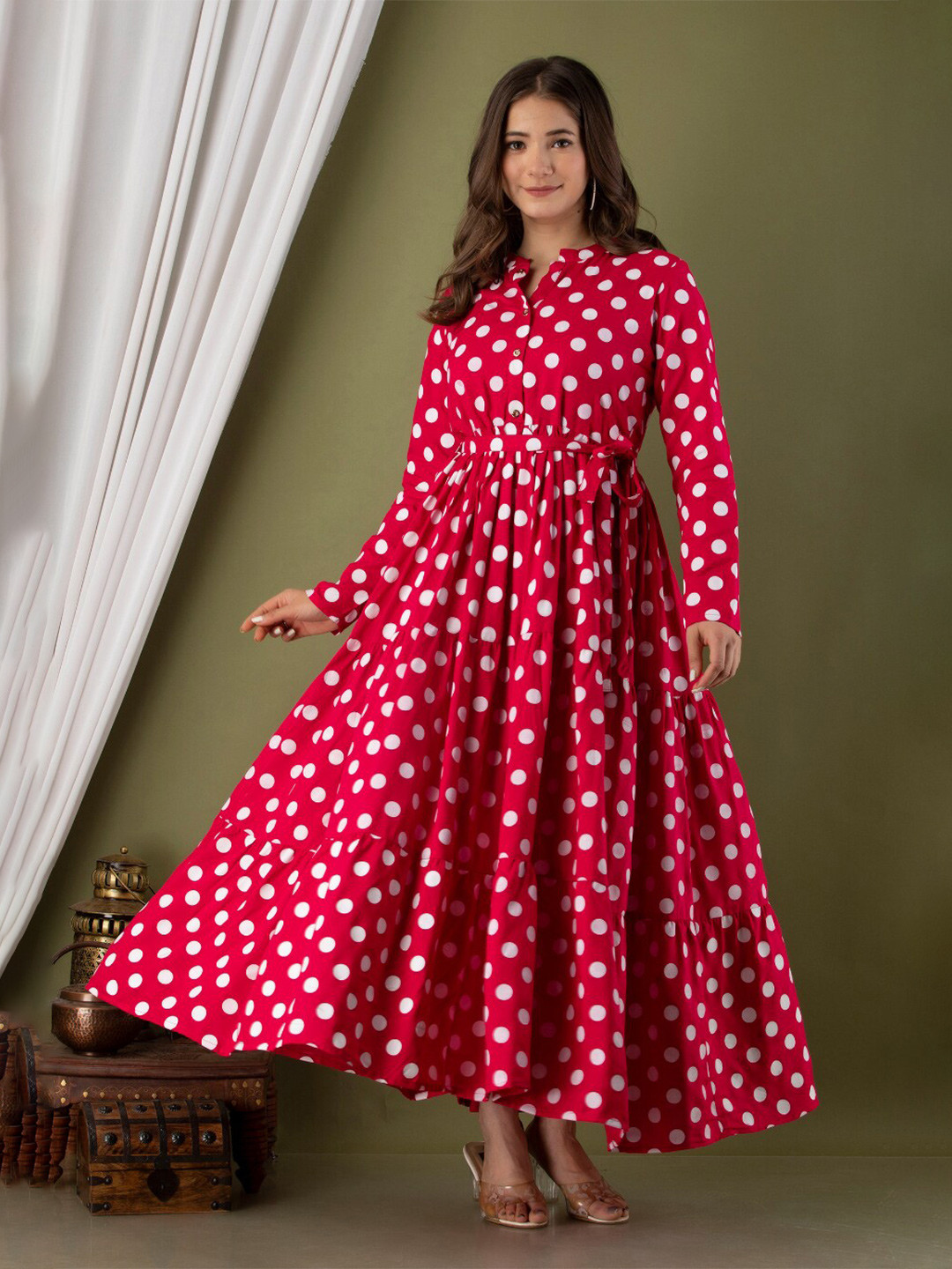 

VASANT APPAREL Polka Dots Printed Tiered Liva Fit & Flare Maxi Dress, Pink