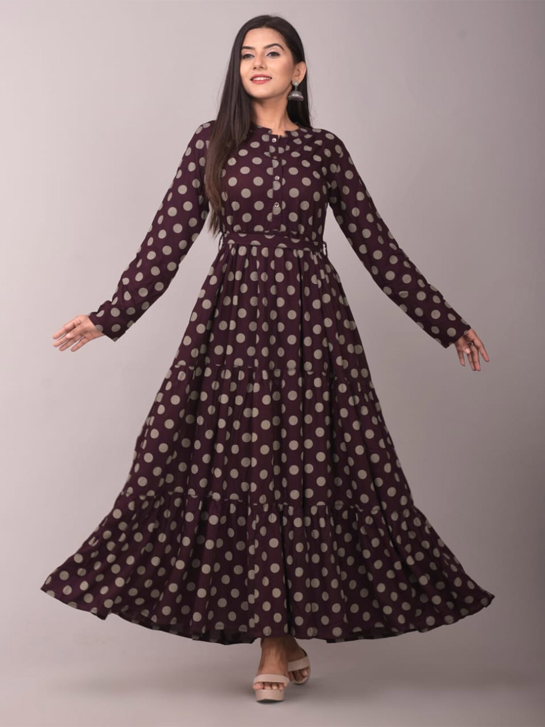 

VASANT APPAREL Polka Dots Printed Tiered Liva Fit & Flare Maxi Dress, Maroon