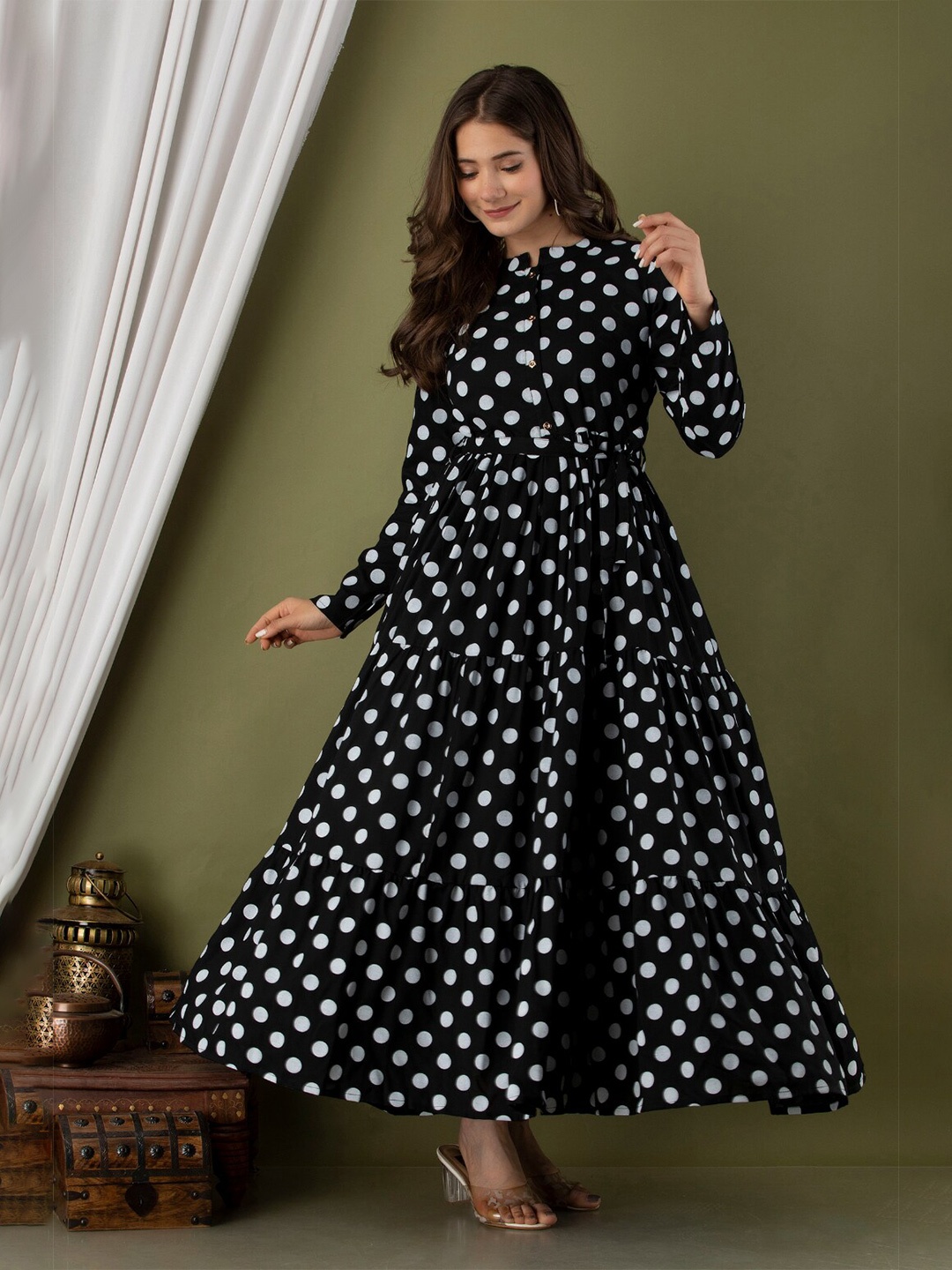 

VASANT APPAREL Polka Dots Printed Tiered Liva Fit & Flare Maxi Dress, Black