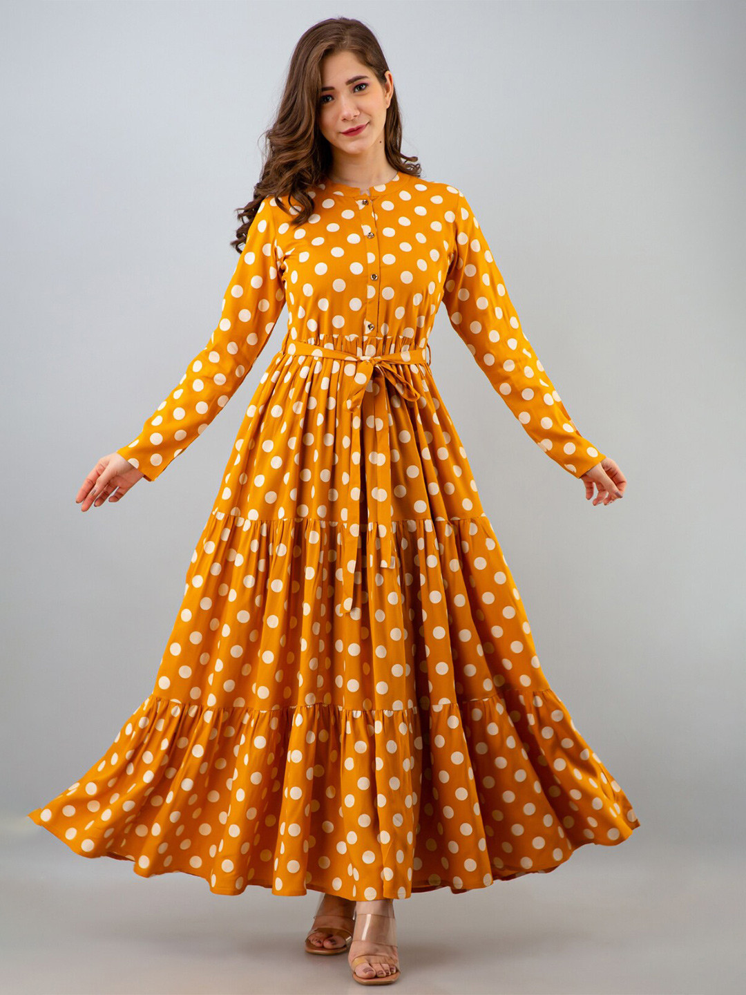 

VASANT APPAREL Polka Dots Printed Tiered Liva Fit & Flare Maxi Dress, Yellow