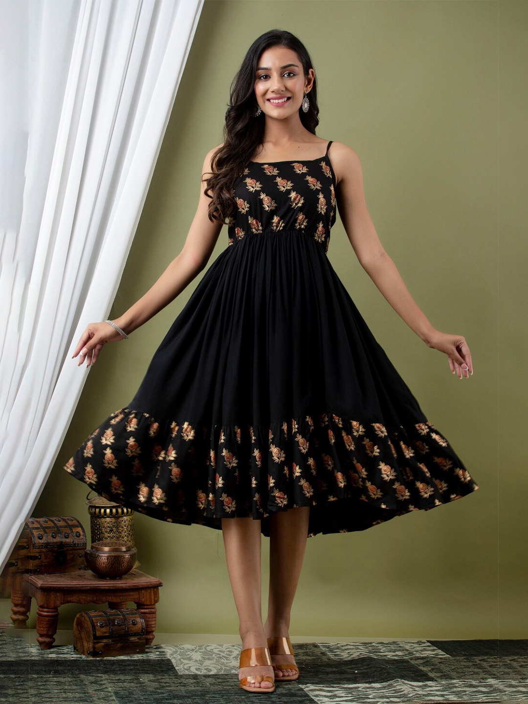 

VASANT APPAREL Floral Printed Fit & Flare Midi Ethnic Dress, Black