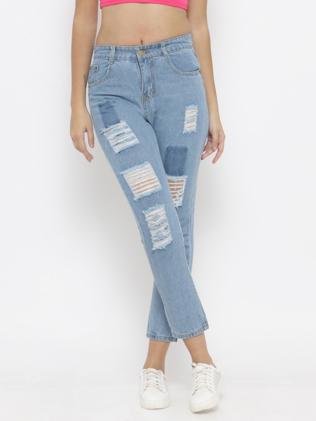 

Berrylush Women Blue Skinny Fit Mid-Rise Highly Distressed Stretchable Jeans