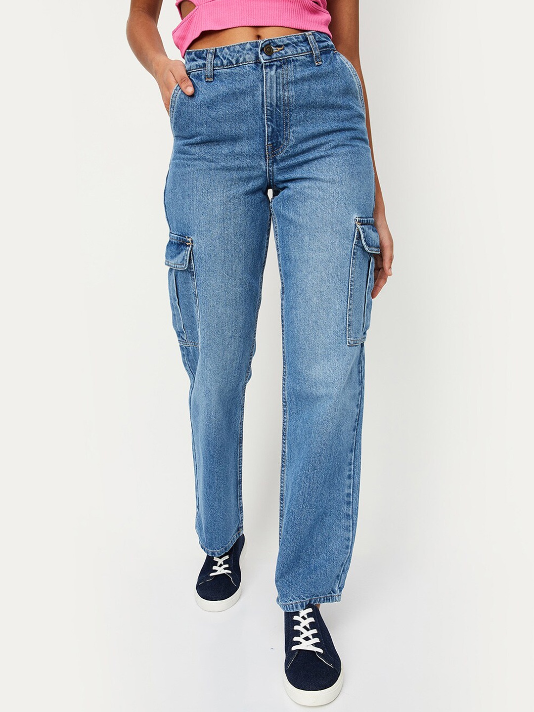 

max Women Relaxed Fit High-Rise Heavy Fade Pure Cotton Jeans, Blue