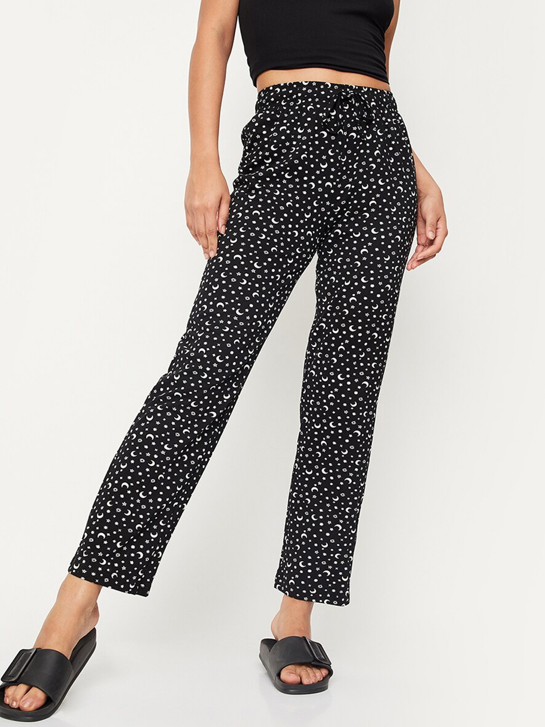 

max Printed Cotton Knitted Mid-Rise Lounge Pants, Black