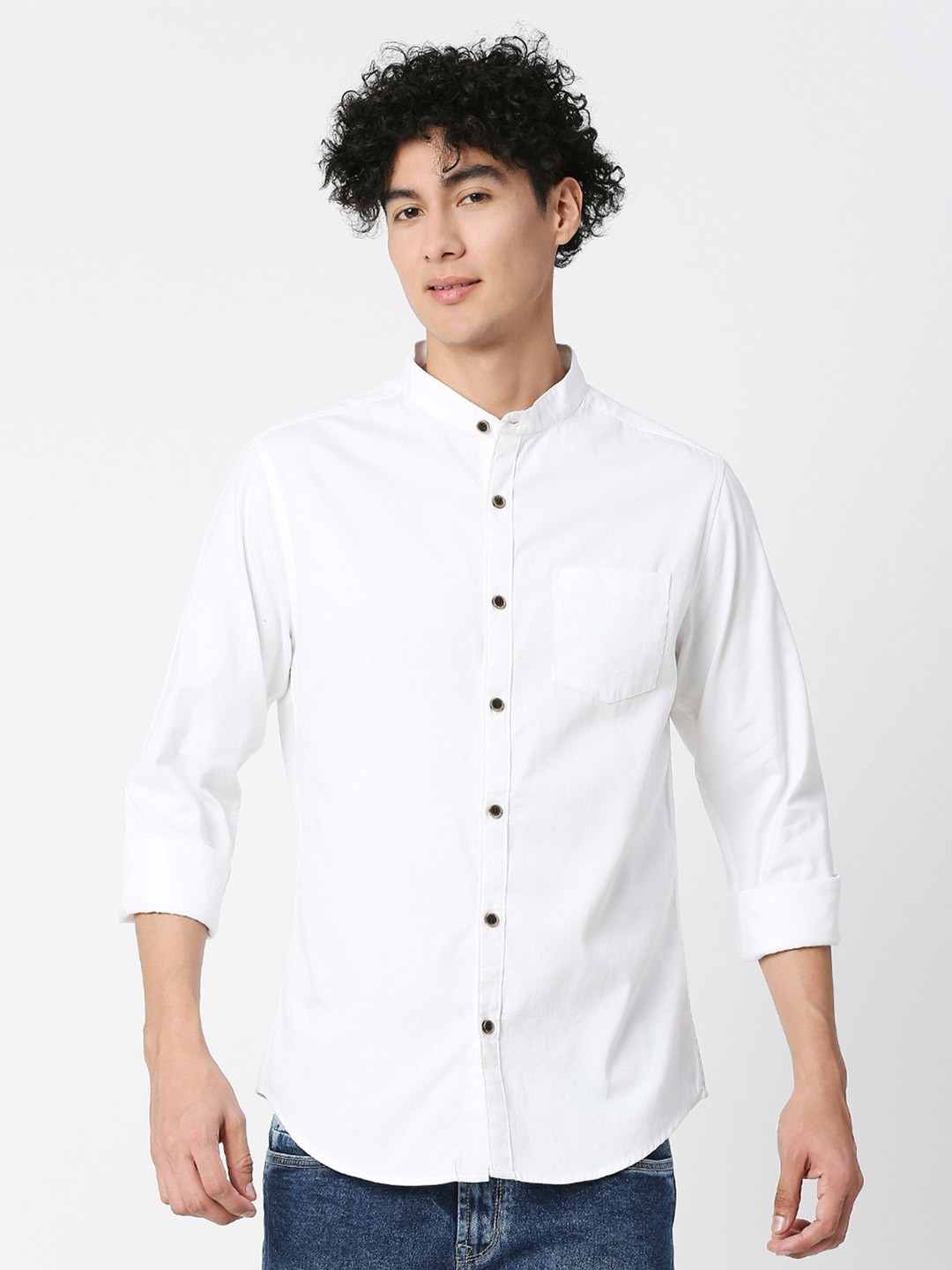 

VALEN CLUB Slim Fit Mandarin Collar Pure Cotton Casual Shirt, White