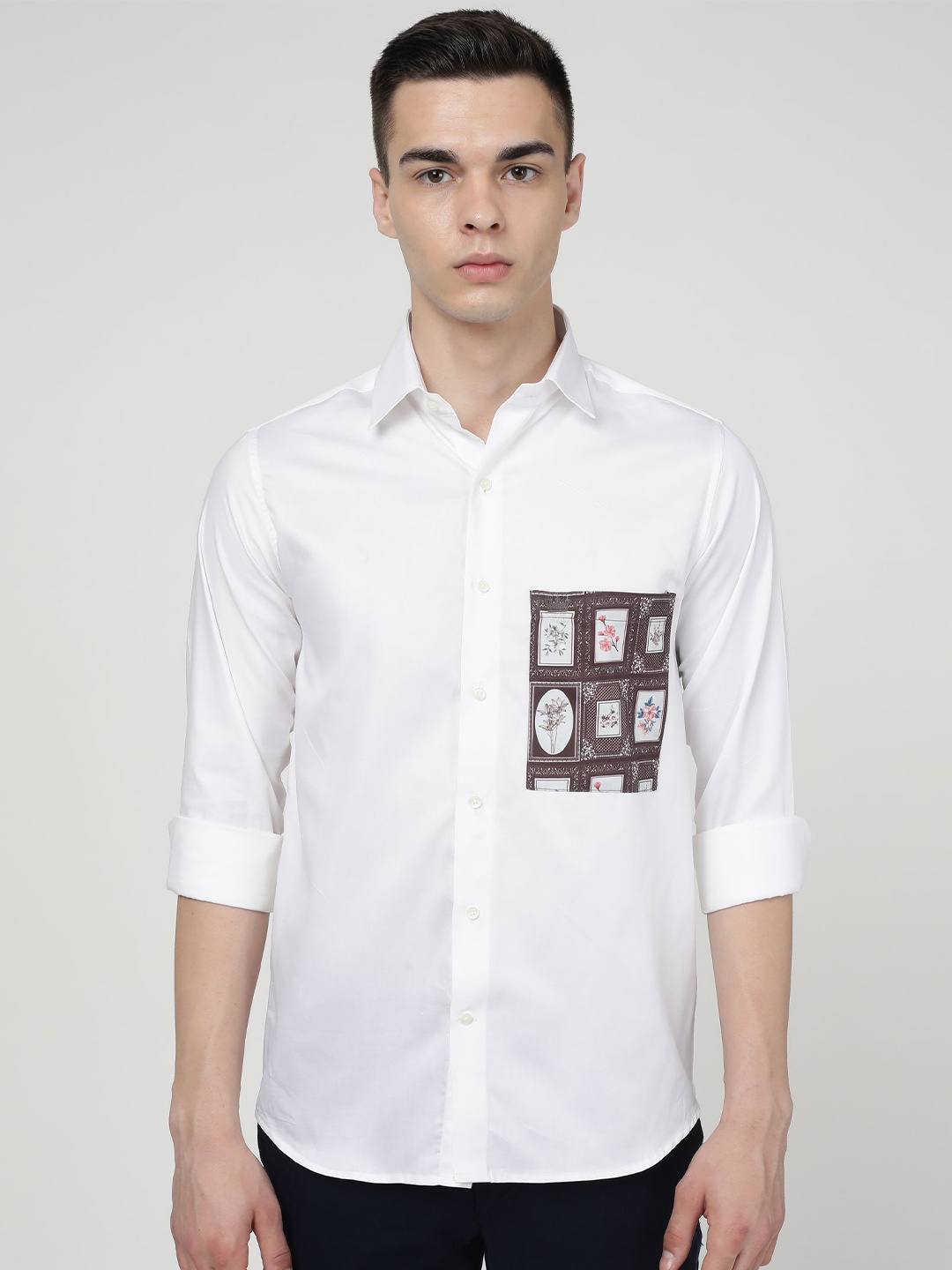 

FRENCH CROWN Printed Chest Pocket Standard Opaque Casual Shirt, White
