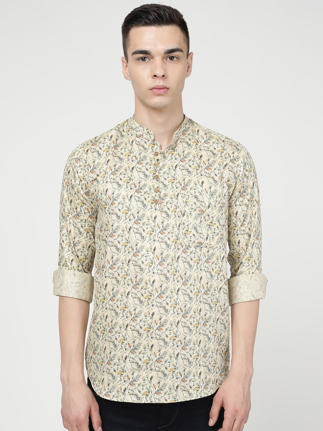 

FRENCH CROWN Floral Printed Mandarin Collar Standard Cotton Casual Shirt, Cream