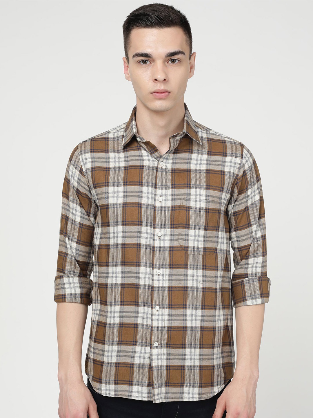 

FRENCH CROWN Tartan Checked Spread Collar Standard Cotton Casual Shirt, Brown