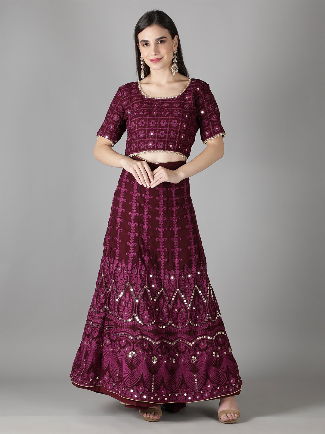 

Bollyclues Embroidered Mirror Work Semi-Stitched Lehenga & Unstitched Blouse With Dupatta, Burgundy