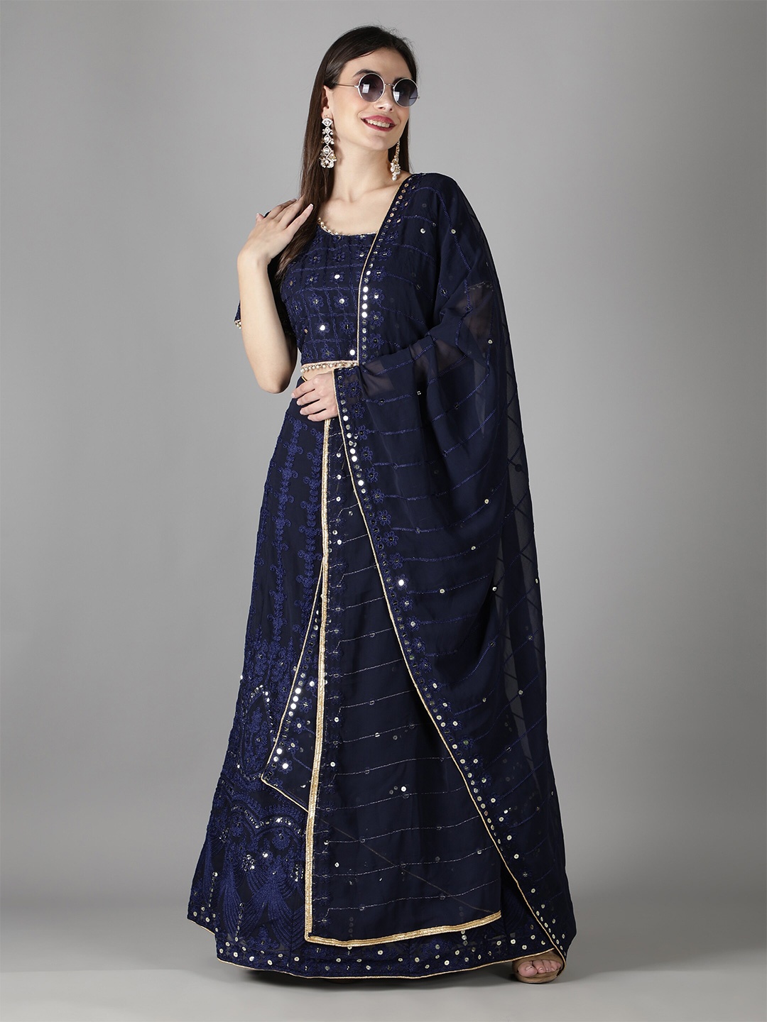 

Bollyclues Embroidered Mirror Work Semi-Stitched Lehenga & Unstitched Blouse With, Navy blue