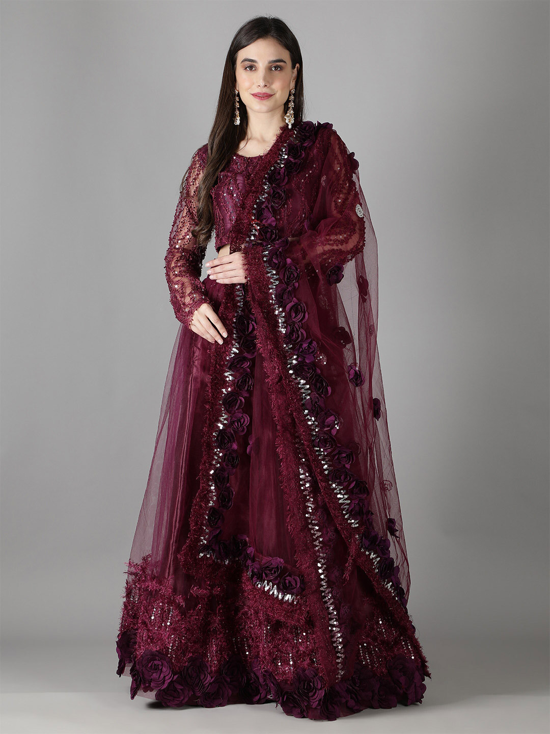 

Bollyclues Embellished Semi-Stitched Lehenga & Unstitched Blouse With Dupatta, Burgundy