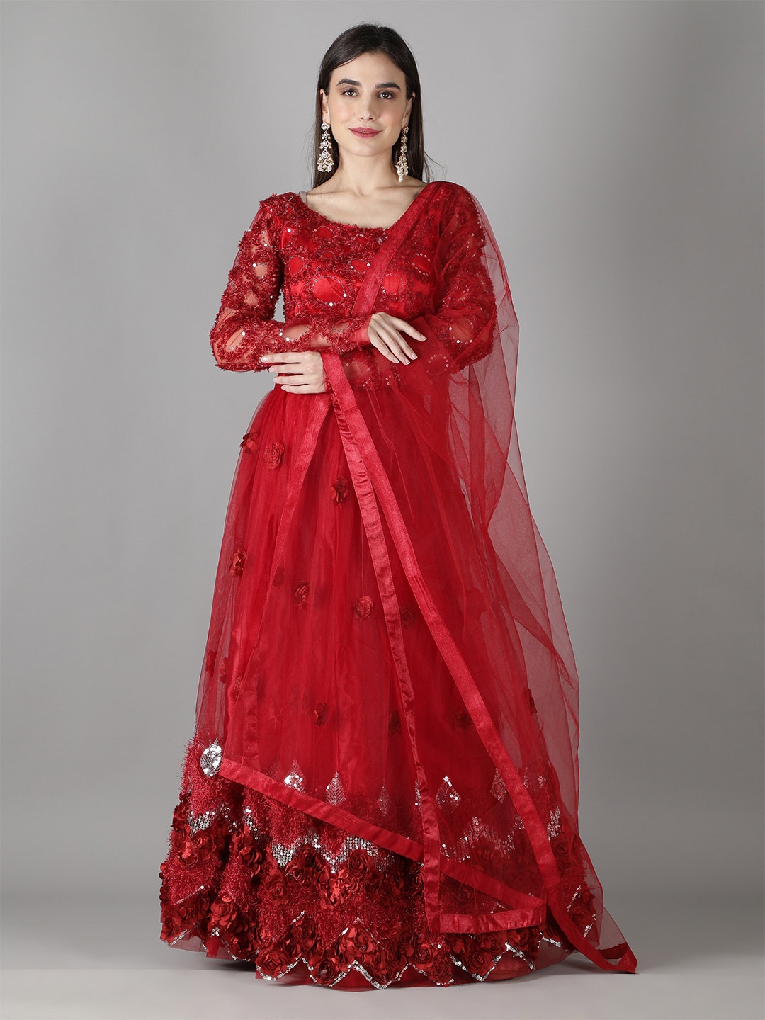

Bollyclues Embellished Semi-Stitched Lehenga & Unstitched Blouse With Dupatta, Red