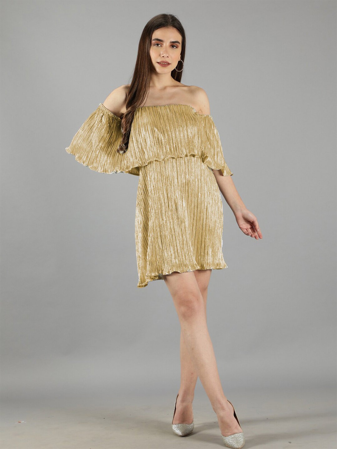 

Svelte Couture Off-Shoulder Accordion Pleats Flared Sleeves A-Line Dress, Gold