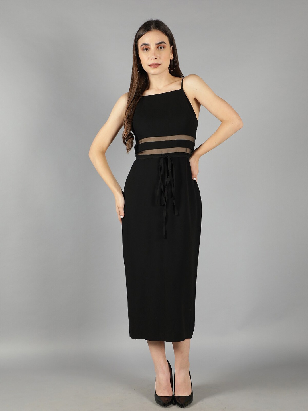 

Svelte Couture Shoulder Strap Cut-Out Detail Sheath Midi Dress, Black