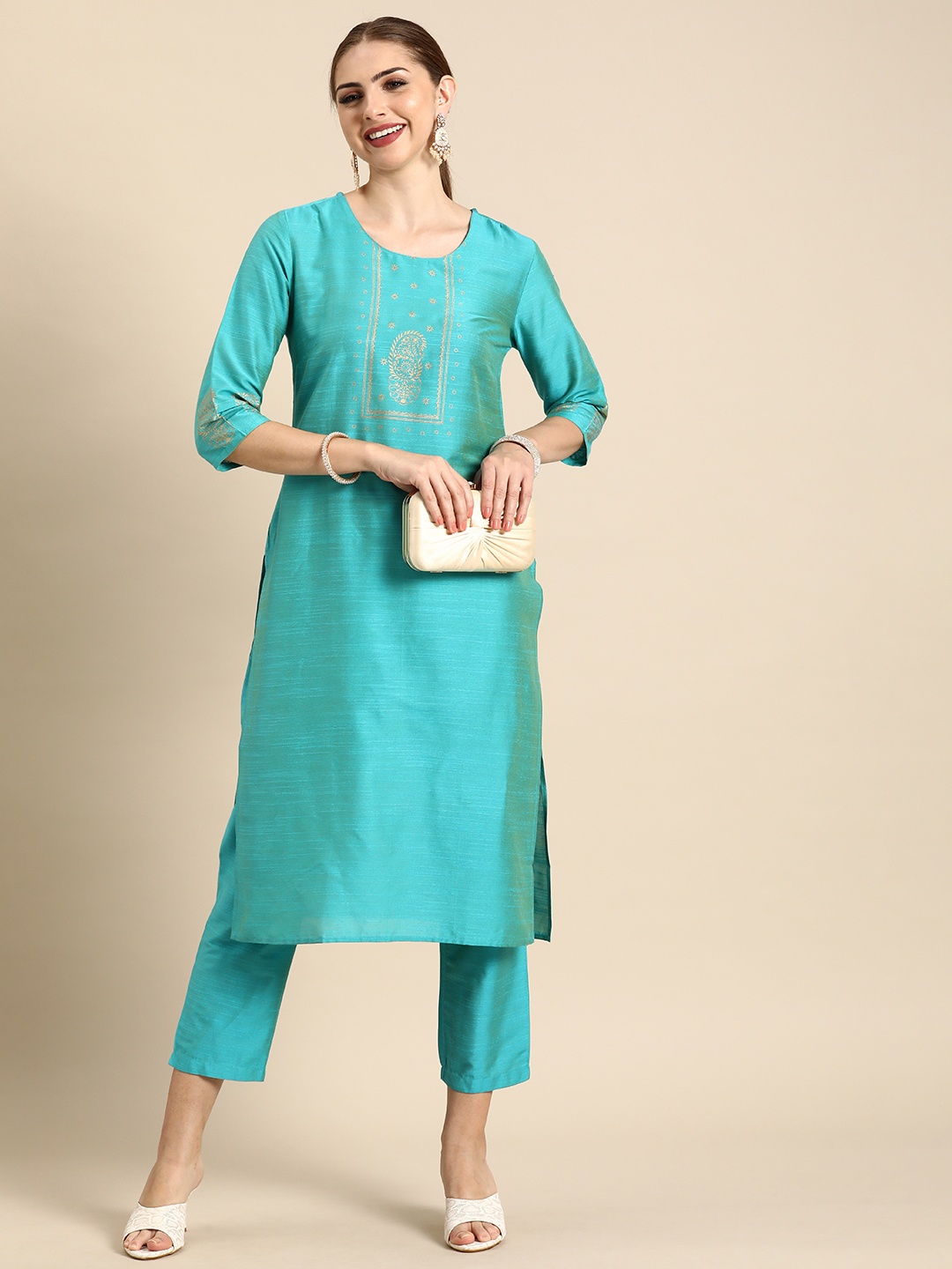 

Anouk Ethnic Motifs Foil Printed Regular Kurta With Trousers, Turquoise blue