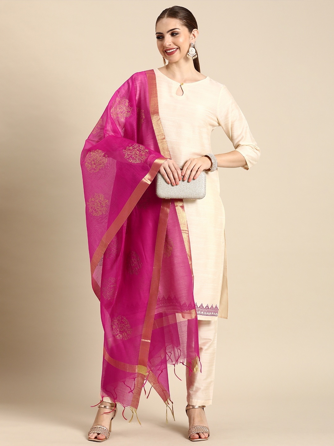 

Anouk Ethnic Motifs Printed Keyhole Neck Kurta With Trousers & Dupatta, Off white